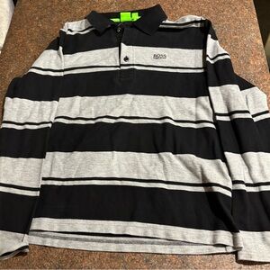 Hugo Boss Green Label Black/Grey Stripe Paddy 1 Polo Golf Long Sleeve Shirt LG